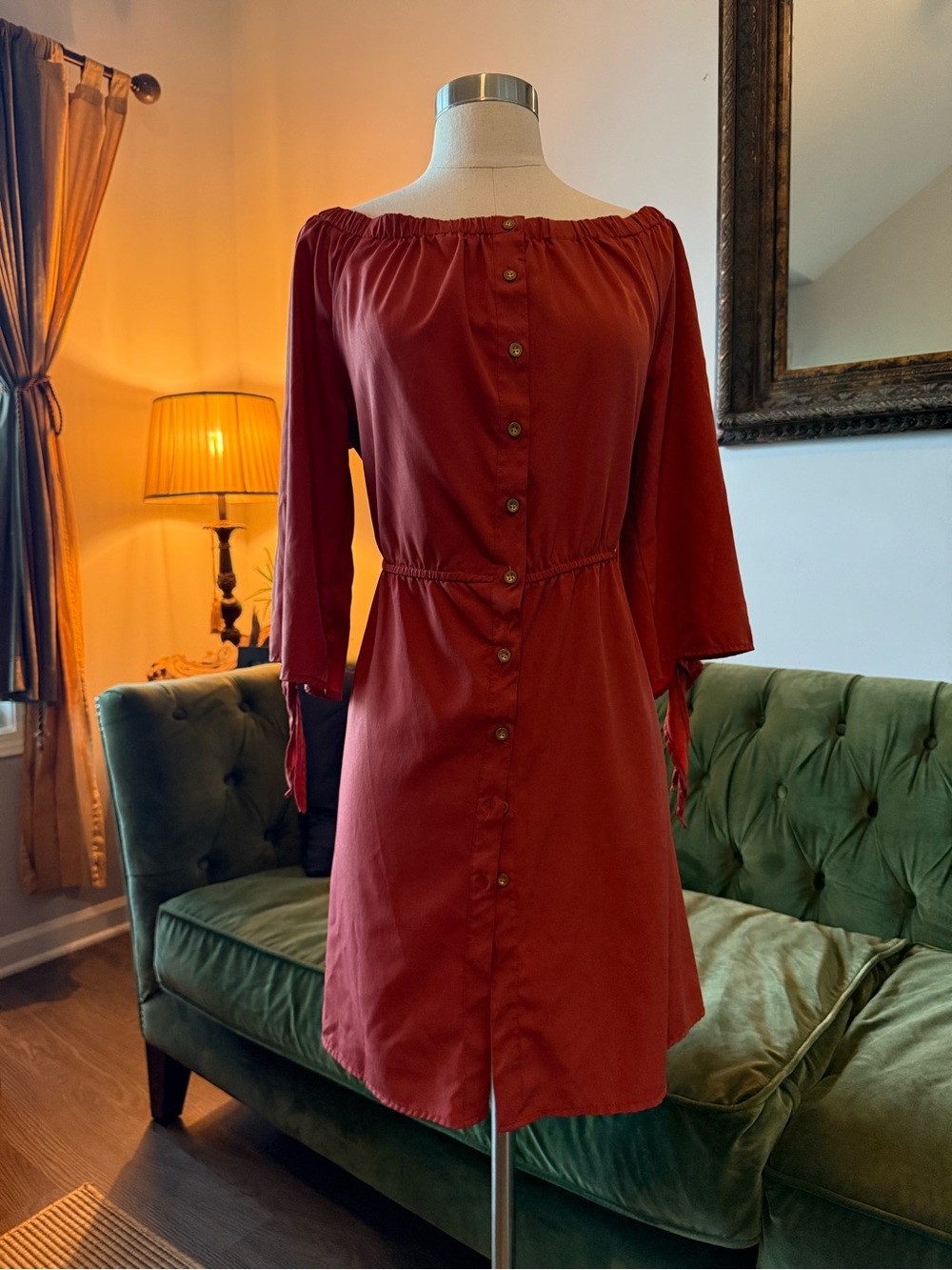 Speed Control Rust Red Off-Shoulder Button-Front Dress